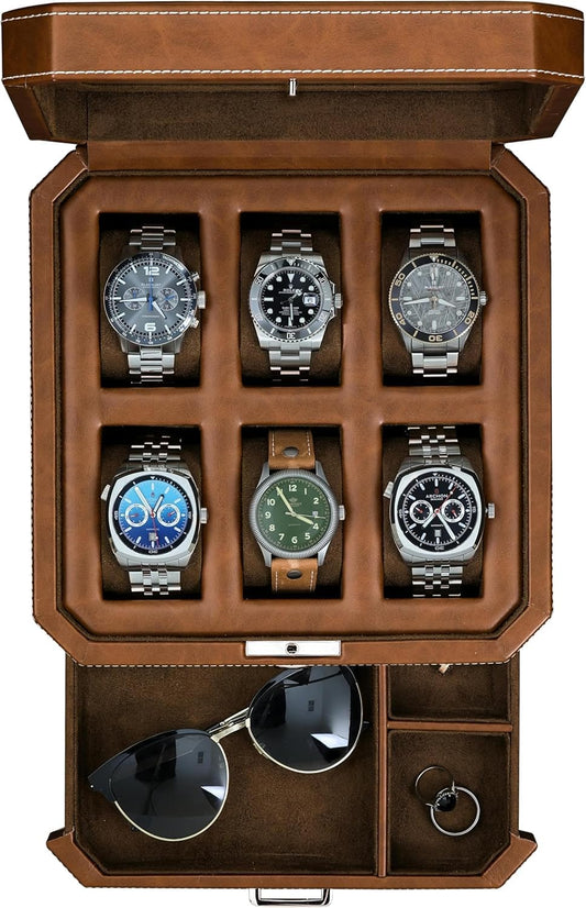 ROTHWELL 6 Slot Leather Watch Box with Valet Drawer - Luxury Case Display Organizer, Microsuede Liner, Locking Mens Jewelry Watches Holder, Men's Watch Storage Large Glass Top (Tan/Brown)