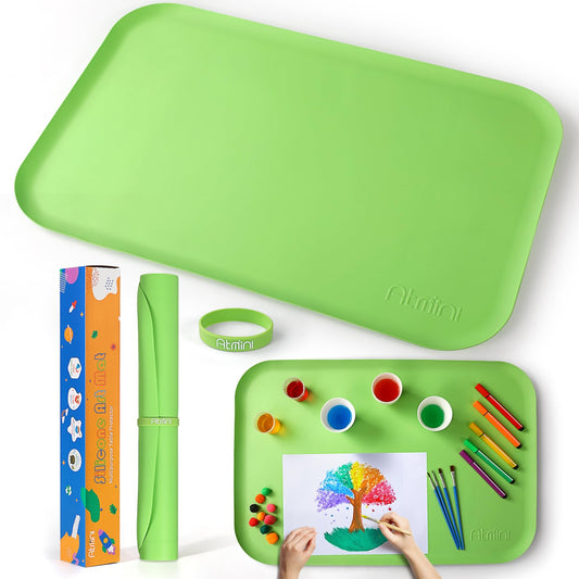 AtMini Silicone Craft Mats for Kids 24"x16"– with Raised Lip & Non-Slip | Reusable Silicone Art Mat for Play Sand, Painting, DIY Crafts | Durable Design (Green)