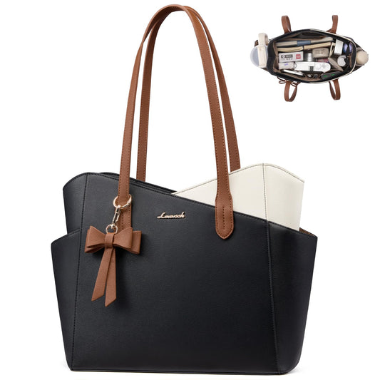 LOVEVOOK Small Tote Purse for Women, 2026 Structured PU Leather Handbags with Top Handle, Elegant Satchel Shoulder Bag Black-White-Brown