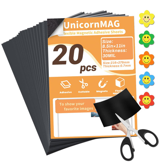 UnicornMAG Magnetic Sheets 8.5" x 11" 20 Pack - Flexible Magnet Sheets with Adhesive Backing for DIY Crafts and Photo Magnets,Suitable for School Classroom Boards, Refrigerator and Shelf Labels