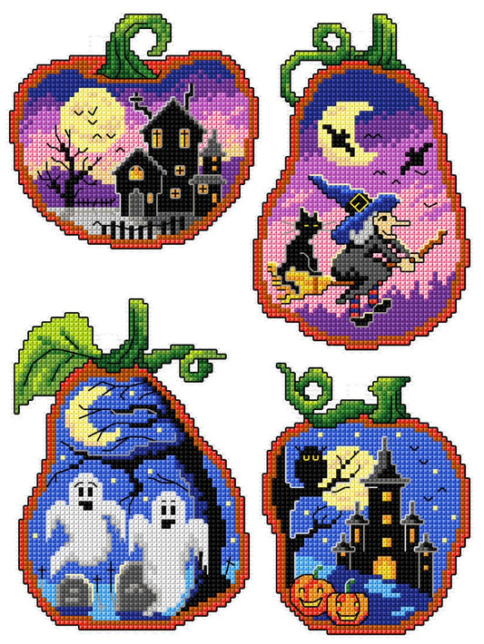 Counted Cross-Stitch Kit on Plastic Canvas with Halloween Scenes. 4 Lovely Ornaments Different Dimensions 147CS. 14 Count Plastic Canvas Sheets. Perfect for Art & Craft Amateurs