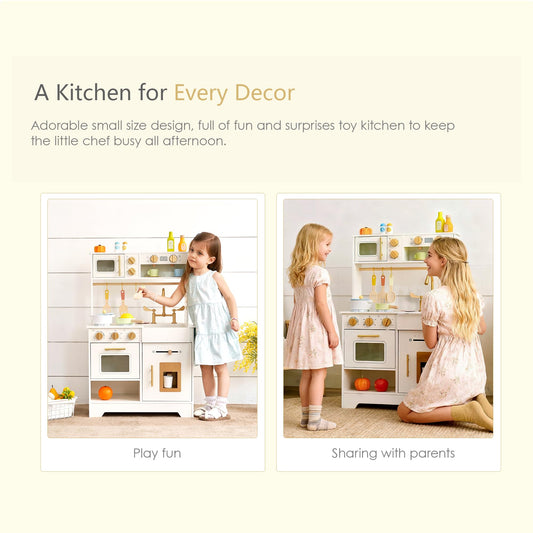 Wooden Play Kitchen for Kids with Ice Maker — Small White Pretend Kitchen Set with Sink, Stove, Oven & Microwave, Utensils and Storage, Montessori Role-Play Toy, Gift for Toddlers Ages 3+