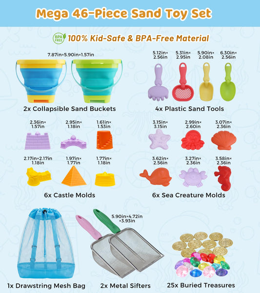Eicaus 46 PCS Beach Sand Toys for Kids Toddlers, Collapsible Sand Buckets & Mesh Bag Set with Heavy Duty Metal Sifters, Treasure Hunt Gems, Castle Molds, Travel Sandbox Toys for Boys Girls