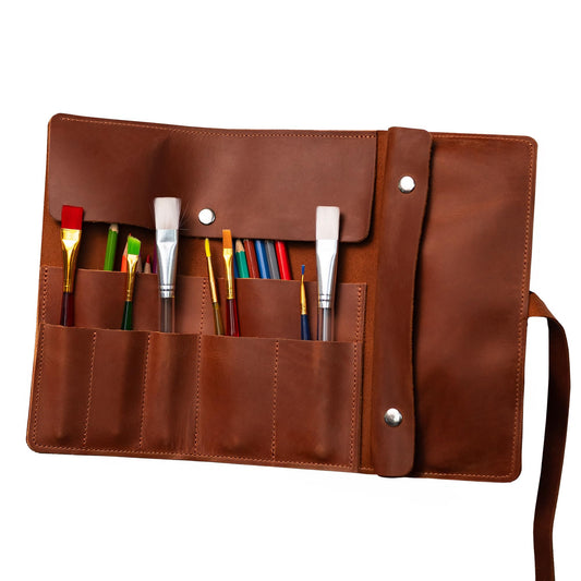 OMBUO Handmade Artist Pencil Case for Adults Women, Leather Pencil Roll, Artist Gifts, Pencil Wrap Roll Up Case, Leather Paint Brush Case, Warm Brown