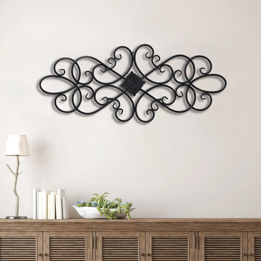 Sintosin Black Wrought Iron Wall Decor 32" x 13", Hanging Flower Scroll Metal Wall Art Decor, Living Room Wall Decor, Vintage House Decorations for Indoor Outdoor Fireplace Bedroom