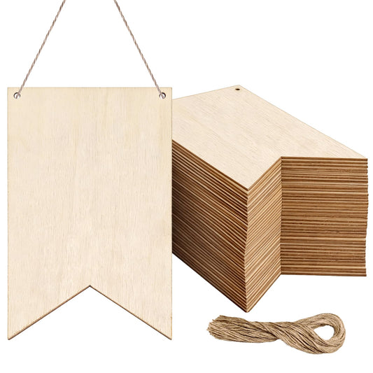 Oaklo 50 Pack Unfinished Blank Wood Signs Wooden Blocks for Crafts with Hemp Rope Wood Cutouts Plaques Flag Ornament for DIY Crafts Painting Writing Wall Decorations
