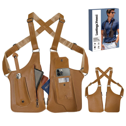 Double Shoulder Armpit Bag,Underarm Shoulder Bag for Men, Anti-Theft Underarm Wallet Pocket Holster Phone Leisure Double Shoulder Pouch,Multi-Purpose Armpit Tactical Bag,Travel Outdoors Easter (Brown)