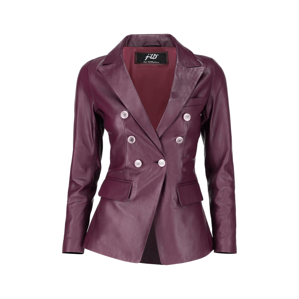 Jild Double Breasted Fancy Buttons Lambskin Leather Blazer Women - Kim Kardashian Long Sleeve Coat Style Leather Jacket Women (FC-Bur-L)