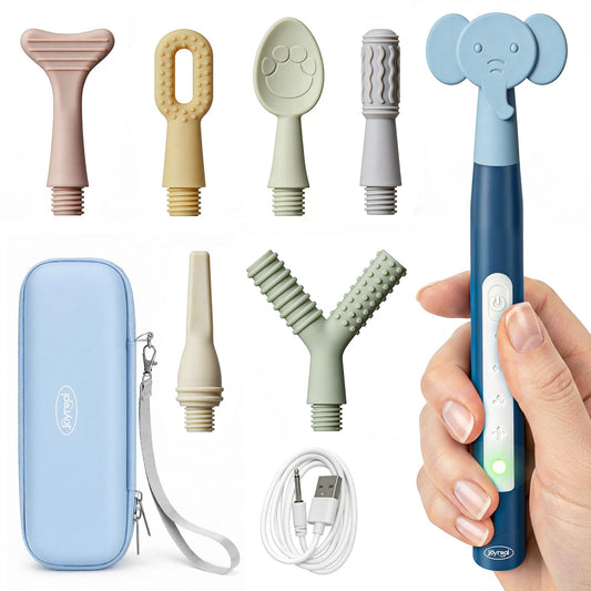 Joyreal Rechargeable SensoryBuzz Oral Motor Vibration Kit with 7 Textured Silicone Heads - 4 Modes Vibrating Teether Autism Sensory Products for Speech Therapy, Stimulate Self Feeding, Sensory Needs