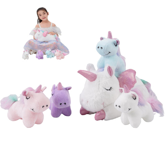 16 Inch Soft Unicorn Stuffed Animals PlaySet - Cuddle Plush Mommy With 4 Baby Rainbow Flying Plush Pillow Toy With Wings for Kids and Lovers