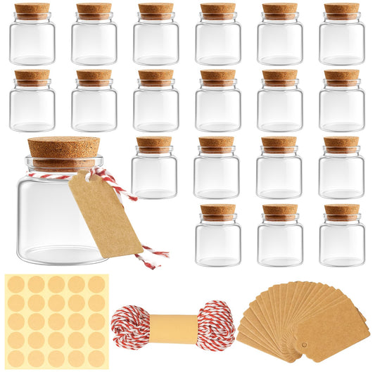 JEORGU 20 Pack Small Glass Jars with Lids - 1.7 oz Empty Mini Potion Bottles with Cork & Twine & Tags, Versatile Decorative Jars for Party, Wedding, Halloween Décor, Crafts (Round)