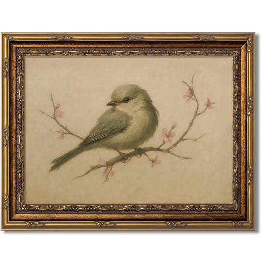 Myzoran Gold Framed Bird Canvas Wall Art,Vintage Birds Wall Decor Aesthetic,Cherry Blossom Beige Printing Artwork,Spring Rustic Minimalist Pictures, for Living Room Nursery Bedroom Decor 12X16in