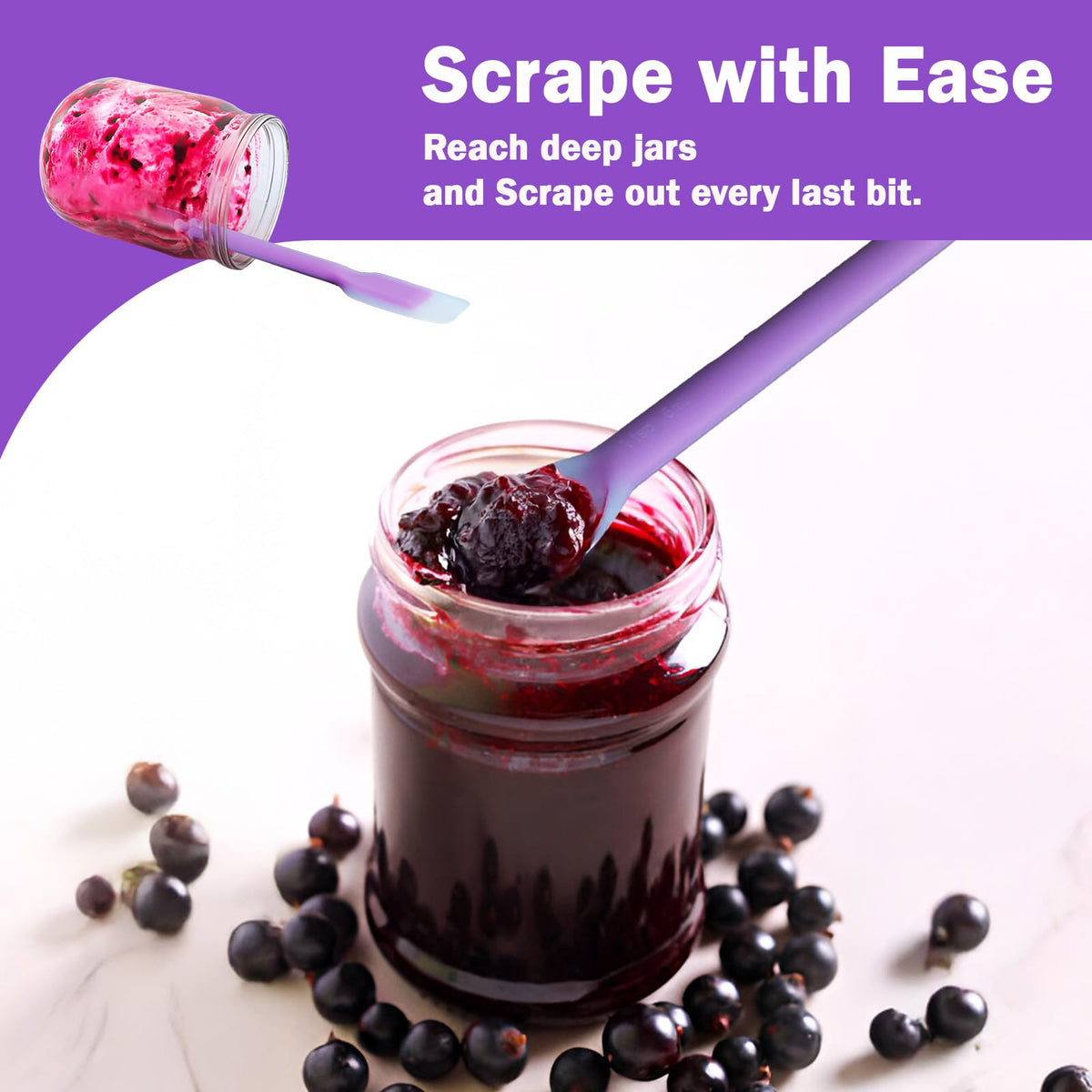 Silicone Dual-Ended Spatula Spoon Set of 3 – Long Handle Jar Scraper & Measuring Spoon with Scale (1 Tbsp, 1 Tsp, 1/2 Tsp) – for Jam, Baking, Cooking, Peanut Butter (purple)