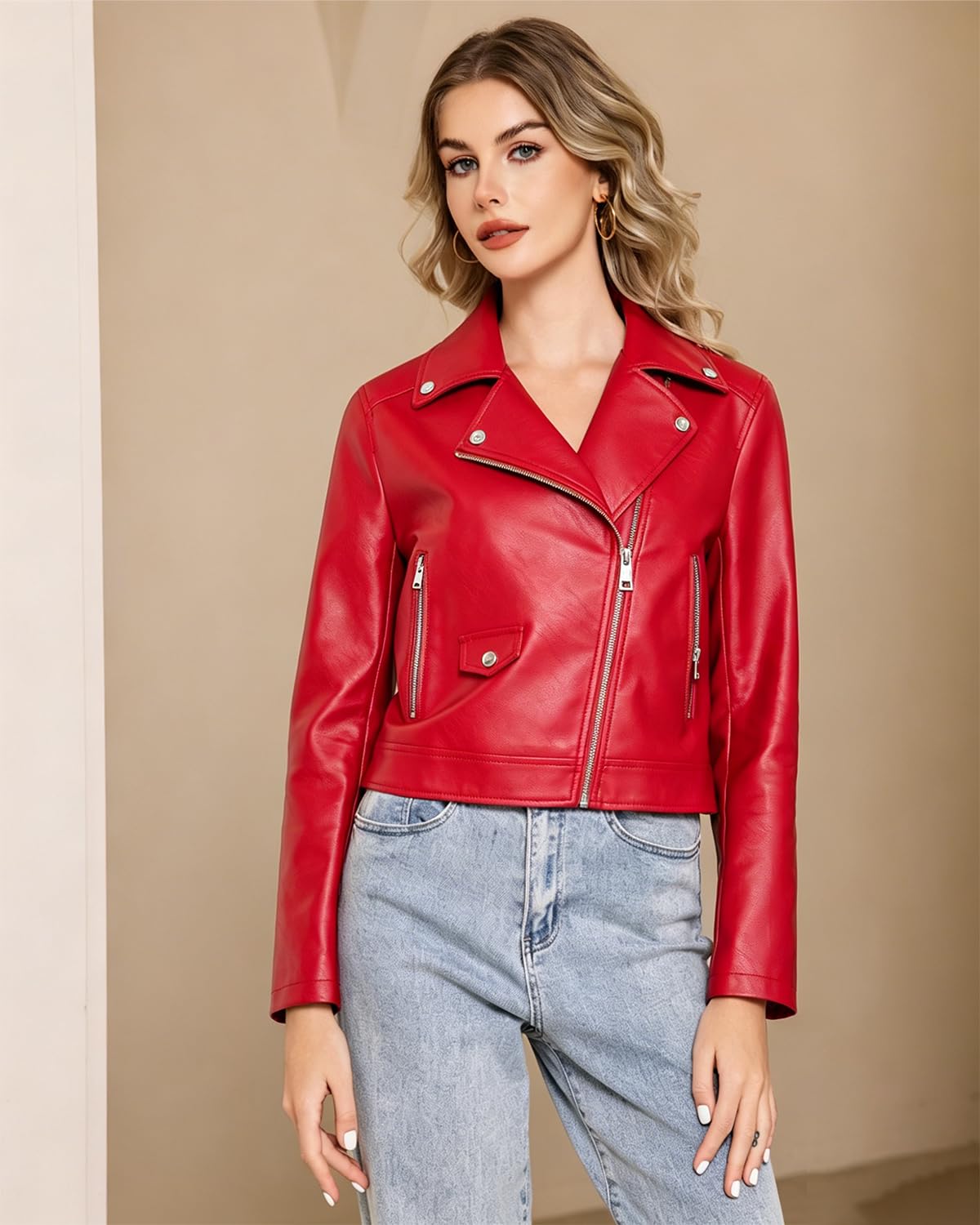 WYOYW Faux Leather Jacket For Women PU Cropped Moto Biker Coat Zip Up Slim Motorcycle Jacket Red S