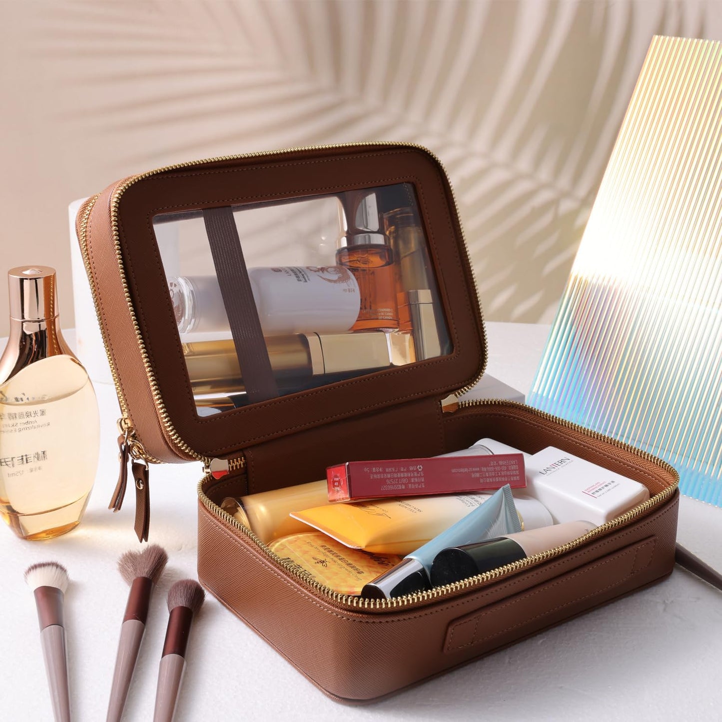 SANHECUN Clear Travel Toiletry bag Toiletry Case Carry on Travel Accessories Bag Makeup Bag Dimensions | LxWxH:9” x 6” x 4.2” (Brown, SHC-TL-2)