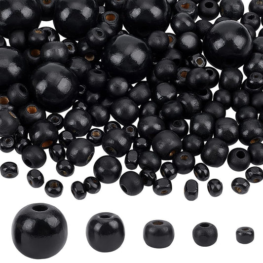 PH Pandahall 1005Pcs 5 Sizes Black Wooden Beads Tiny Painted Wood Beads 6/8/10/14/20mm Macrame Bead Round Spacer Bead for Bracelets Crafts Macrame Christmas Tree Party Decor