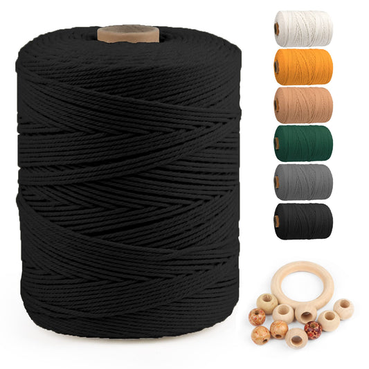 Macrame Cotton Cord 3mm x 547yds, ZUEXT Natural Handmade Black Braided Cords 4 Strands Knitted Rope String for Craft Wall Hanging Weaving Tapestry Dream Catchers Hanger DIY Gift (500m)