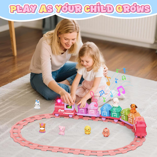 Cmiolacuna Train Set for Girls 2-4, Electric Toy Train with Farm Animals & Music & Lights, Montessori Counting & Sorting Learning Toys for Toddler Girls 1 2 3 Year Old, Christmas Easter Birthday Gift