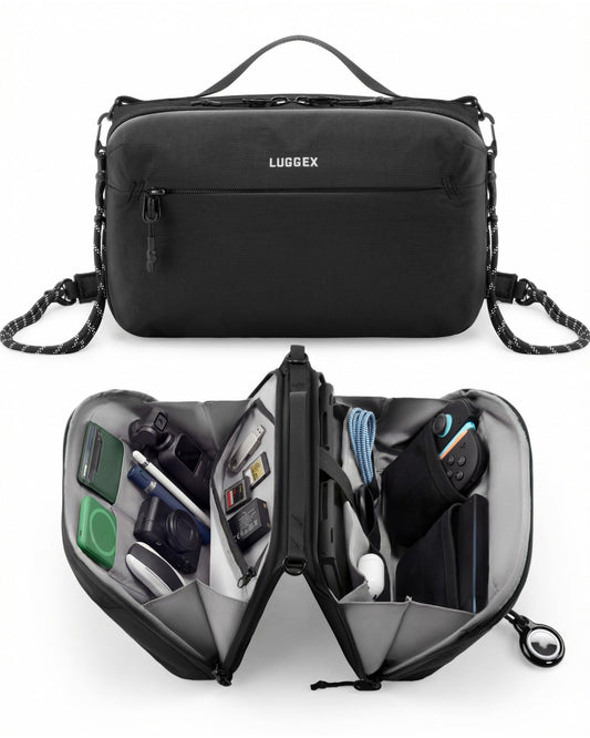 LUGGEX Large Tech Pouch, Cable Organizer Bag with Removable Crossbody Strap, Dual Accessories Bag & Water Resistant for Kindle, Chargers, Cord, Earphone for Travel Office All-in-One, Black