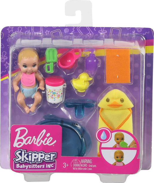 Barbie Skipper Babysitters Inc. Feeding and Bath-Time Playset with Color-Change Baby Doll, Bathtub, Popsicle Sponge and Bath-Time Accessories Including Duck-Shaped Towel