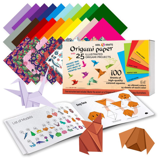 Origami Paper - 100 Origami Paper Kit - Set Includes, 100 Sheets 20 Colors 6x6, Origami Book 25 Easy Colored Projects, Kids Crafts, Christmas Gifts for boys 8-12