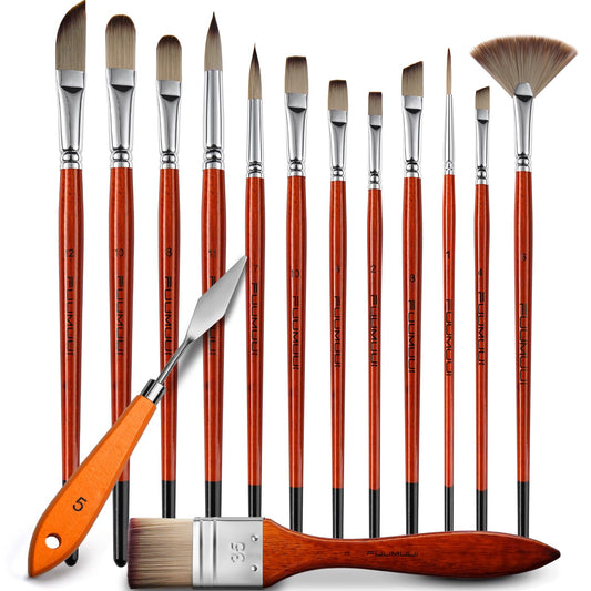 14pcs Acrylic Paint Brushes, Professional Synthetic Bristles Paint Brush Set with Extra Palette Knife - Flat, Filbert, Fan, Dagger, Round, Angle, Rigger Paint Brushes for Oil, Acrylic Canvas Paintings