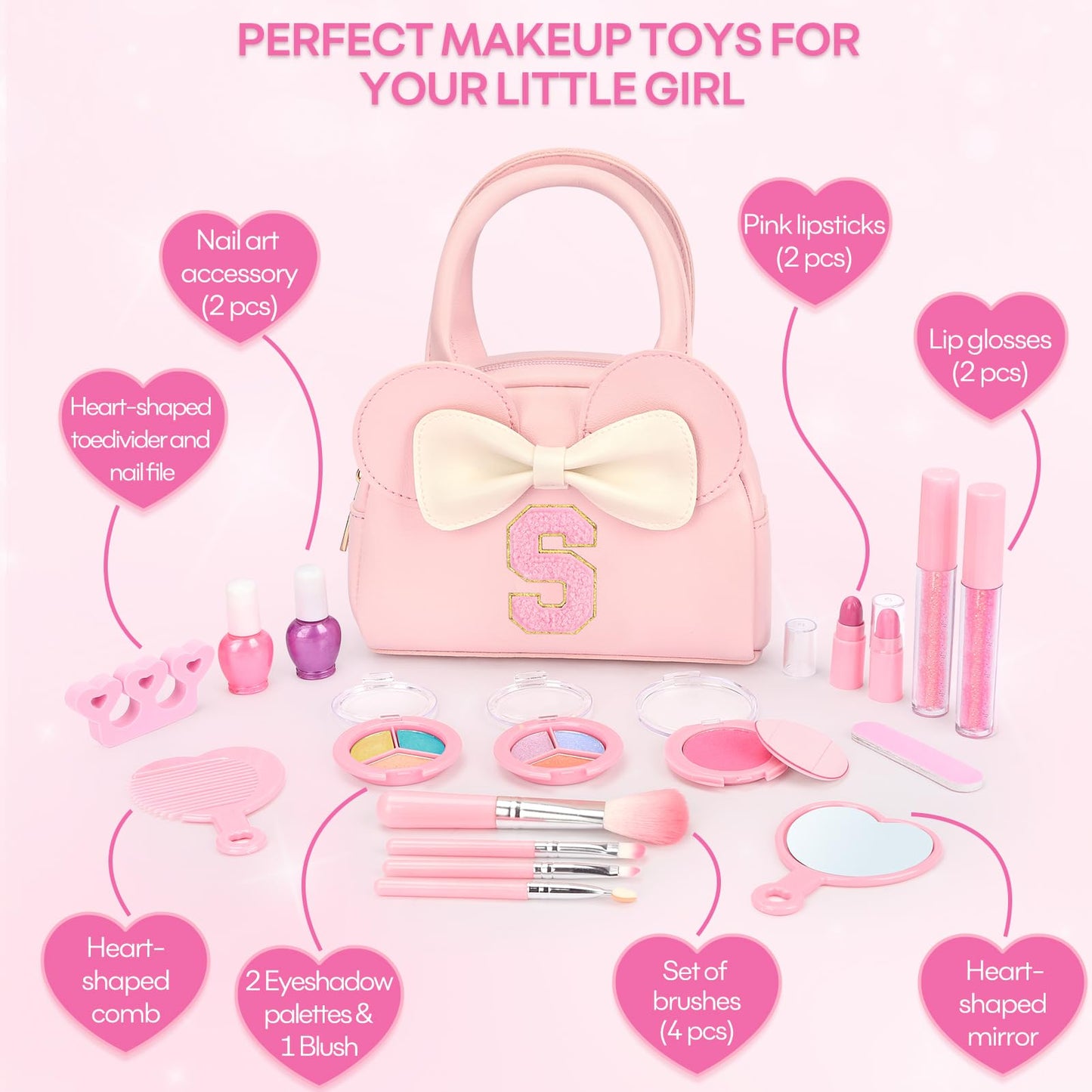 Kids Real Makeup Kit for Girls - 18Pcs Non-Toxic Washable Make Up Toys with Initial Toddler Purse - Personalized Birthday Gifts for Age 3 4 5 6 7 8 9 10 Years Old Girls Vanity Set - S