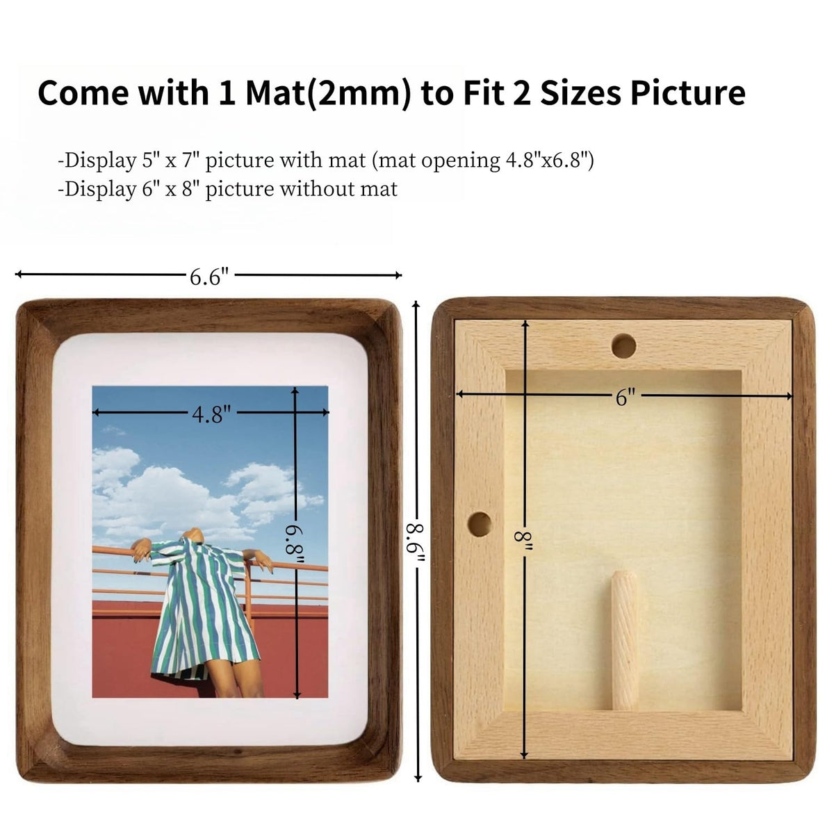 FLECHAZO 6x8 Picture Frame Wood with 5x7 Mat, Natural Solid Walnut Wooden 6 by 8 Photo Frames for Tabletop or Wall Mounting Display