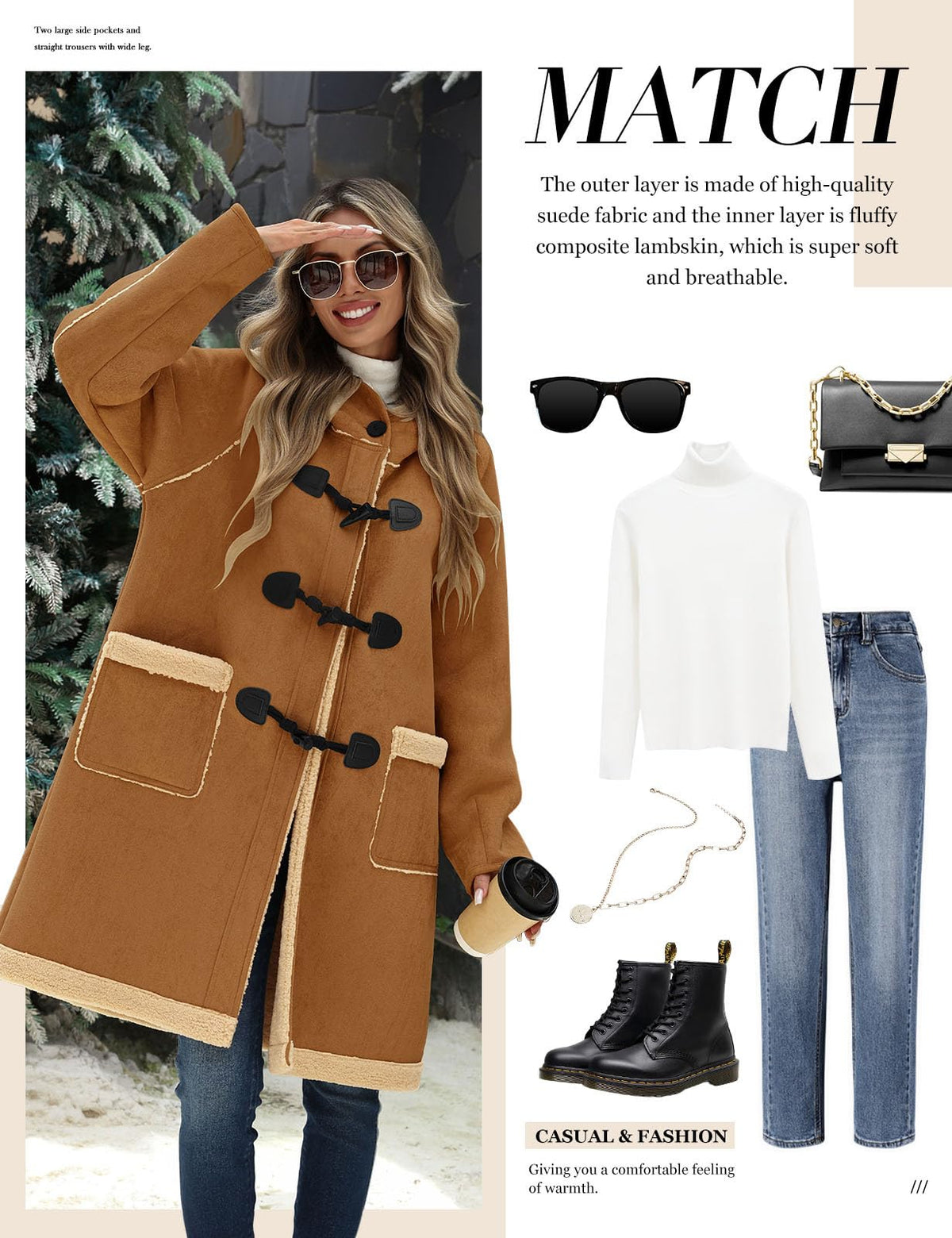 UMIPUBO Women Suede Sherpa Fleece Lined Duffle Faux Leather Coat Mid Length Hooded Toggle Jacket with Pockets, Winter Trendy Warm Outerwear(Dark Khaki,M)