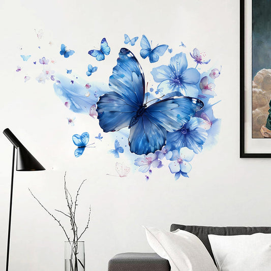 Blue Butterfly & Flower Watercolor Wall Decals – Large Removable Vinyl Stickers, Dreamy Wall Art for Bedroom, Living Room, Bathroom, or Office Decor