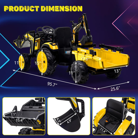 Garvee 4-in-1 Ride on Tractor, 24v Ride on Toys for Big Kids, Remote Control Excavator with Trailer, Shovel Bucket, Digger, Remote Control, EVA Tires, LED Light, Music, USB, Yellow