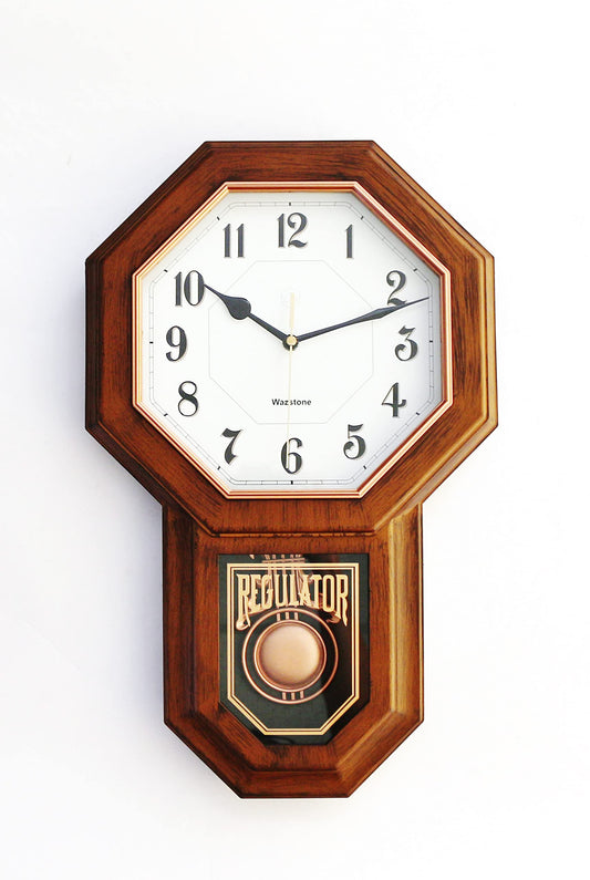 Classic Antique Mini Pendulum Wall Clock, Wood Simulated Vintage Bronze Texture, Non Ticking Silent Sweep Quartz Movement, Width 11.4”, Length 18.5”, Retro Rustic Country Style, Plastic Frame