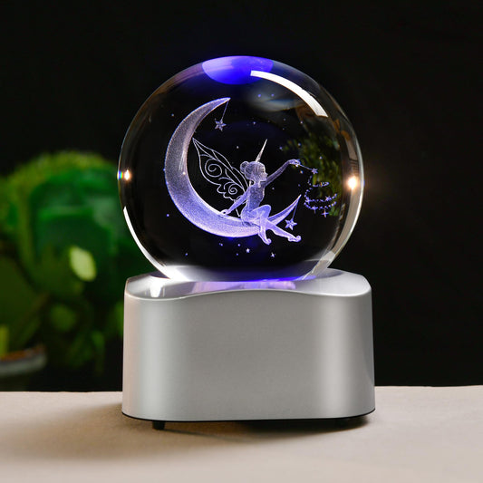 IFOLAINA 3D Fairy Crystal Ball with Rotating Lighted Stand Moon Fairy Glass Ball Decorative Globes Crystal Fairy Sphere Gifts for Girl Her Fairy Lover Birthday Gifts for Daughters