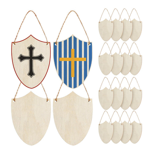jojofuny 20pcs Unfinished Wooden Shield Cutouts, Paintable DIY Wood Craft Shapes for Knight Party Favors, Medieval Decorations & Home Decor, 3.93 x 2.75 Inch