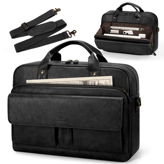 RAINSMORE Mens Laptop Bag PU Leather Messenger Bag 15.6 Inch Briefcase for Men Vintage Computer Satchel Shoulder Bag for Work, Business,Travel, Office, Black