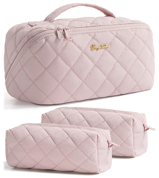 Travel Makeup Bag, 3 Pcs Large Capacity Puffy Toiletry Bag for Women, Open Flat Make up Cosmetic Organizer w/Handle & Clear Divider Water-resistant Portable Pouch Travel Essentials, L-Light Pink