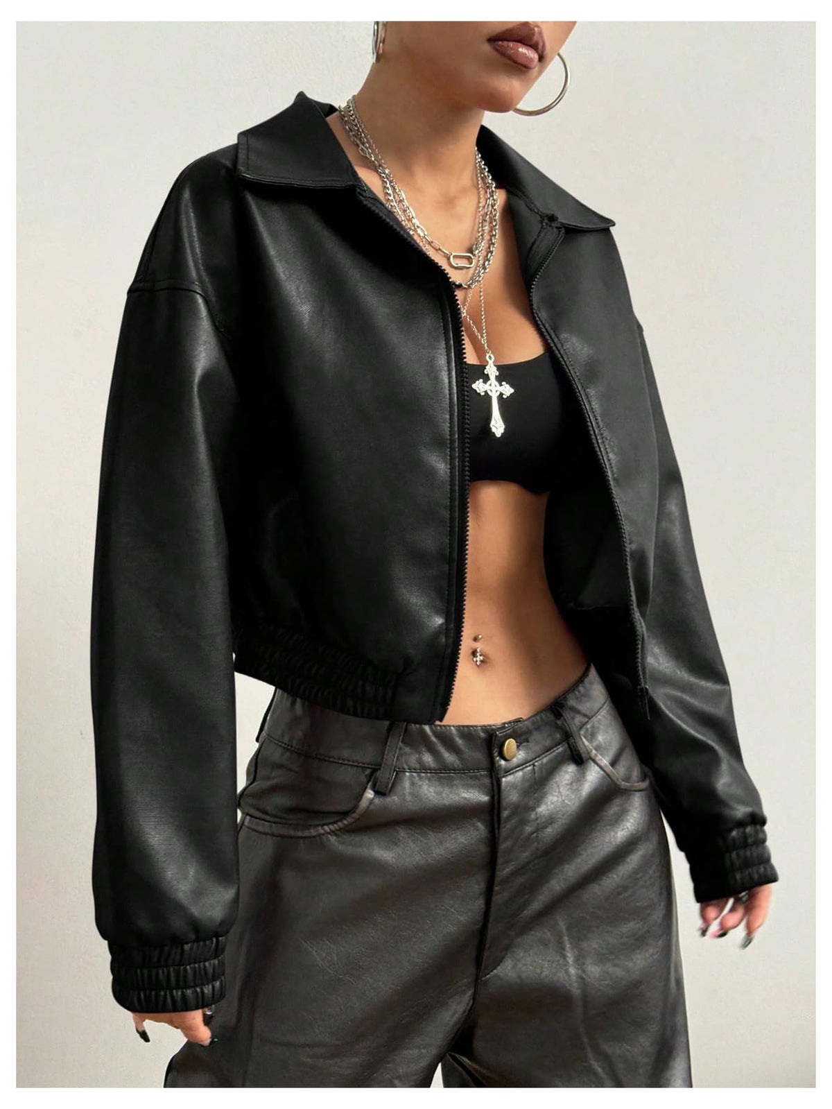 BEAUDRM Women's Y2K Faux PU Leather Jacket Crop Zip Up Motorcycle Coat Long Sleeve Drop Shoulder Motor Bike Jacket Streetwear Black Solid Medium