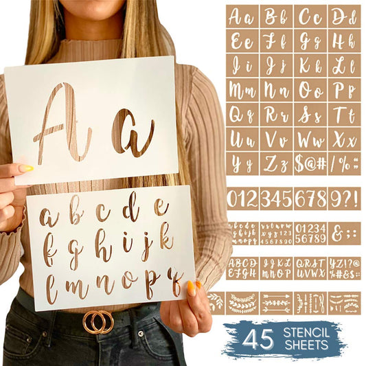 Boutique Calligraphy Stencil Template Kit | 45 Reusable Pieces | Lettering Upper, Lowercase, Large & Small | Numbers, Punctuation, Laurels and Flowers - For Arts Crafts Painting Wood (Calligraphy Kit)