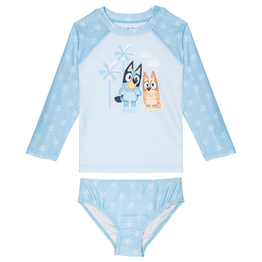 Bluey Little Girls Raglan Rash Guard and Bikini Bottom UPF 50+ Swim Set Sky Blue 7-8