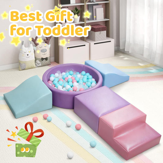 Hoohtoot Foam Climbing Blocks for Toddler: with 4-Piece PU Leather Climbing Toys and a Ball Pit - Foam Ball Pit for Toddlers - Climbing Toys Indoor for Kids Crawling (Purple Climbing Blocks)