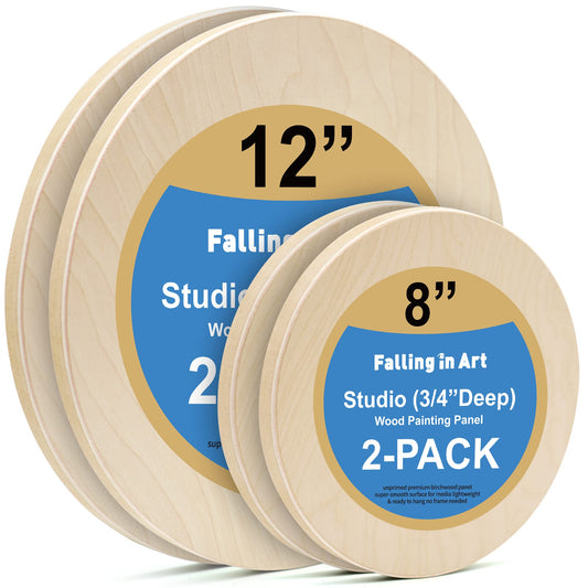 Falling in Art Unfinished Round Birch Wood Canvas Panels Kit, 4 Pack of 2 Sizes 8' and 12' Studio 3/4’’ Deep Cradle Boards for Pouring Art, Crafts, Painting, and More