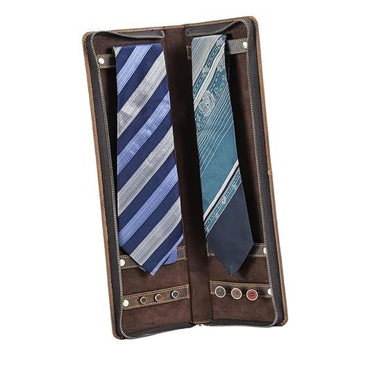 UVKDEENK Travel Ties Case, Genuine Leather Portable Necktie Cufflinks Storage Box, Zipper Tie Holder Organizer for Mens Coffee