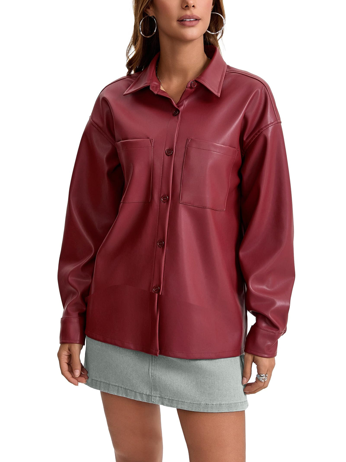 Haianguoji Women's Faux Leather Button-Down Shirt Jacket Lightweight Long Sleeve PU Blouse Shacket Tops (Red, M)