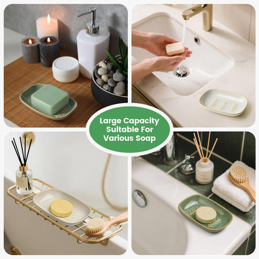 2 Pack Ceramic Soap Dish for Cleaner Shower, Decorative Soap Holder for Bar Square Shampoo or Sponge, Cute Shower Soap Dish Soap Saver Tray Container for Bathroom Kitchen Sink, Easy to Clean