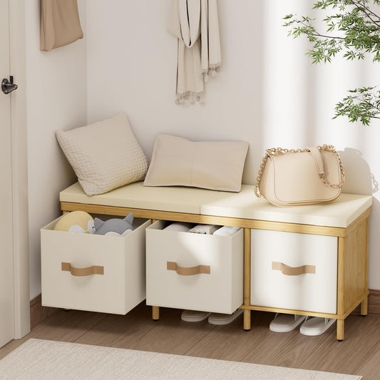 Atoping Storage Bench, 43.3" Bamboo Storage Chest with 3 Drawers, Entryway Bench with Cushioned Seat, End of Bed Bench with Storage Toy Box, Toy Chest Storage Bench for Entryway, Living Room, Bedroom