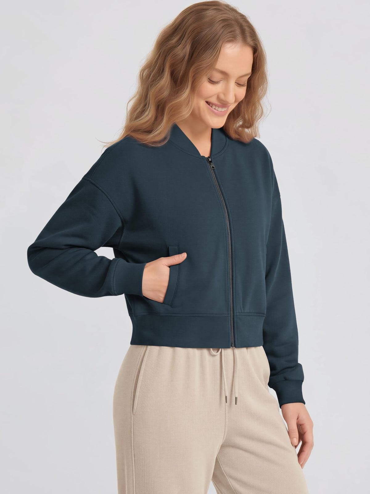 ODODOS Modal Soft Full-Zip Bomber Jacket for Women Long Sleeve Casual Fall Outfit Crop Top with Pockets, Deep Blue, Large
