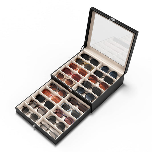NEWLOOP Sunglasses Case Storage Organizer - Sunglass Organizer See-through Display Case Multiple Pairs Glasses Holder Stand 2-layer Eyeglass Jewelry Watch Collection Box for Men with 20 Slot Black