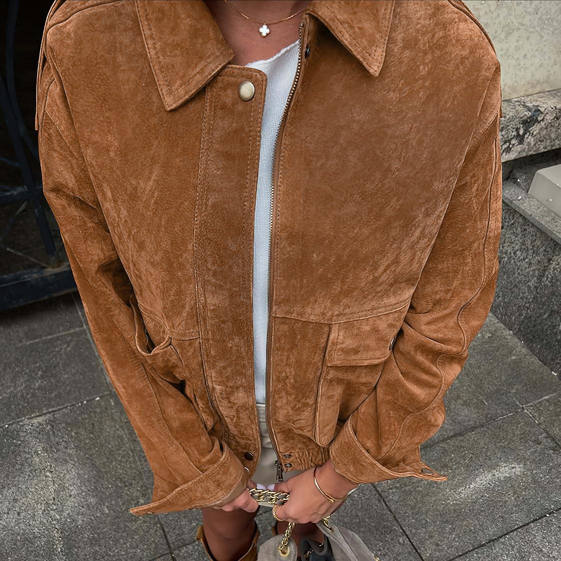 chouyatou Women Vintage Faux Suede Jacket Zip Up Bomber Jacket Lapel Collar Cropped Biker Moto Jacket Coat (XX-Large,Brown)
