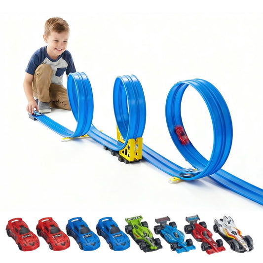 16.5 Ft Flexible Race Track with Support Compatible with 1/64 Diecast Cars, Toddle Kids Toys Christmas Birthday Gifts Party Favors for Boys Girls Grandkids Age 2 3 4 5 6 7 8 (Blue)