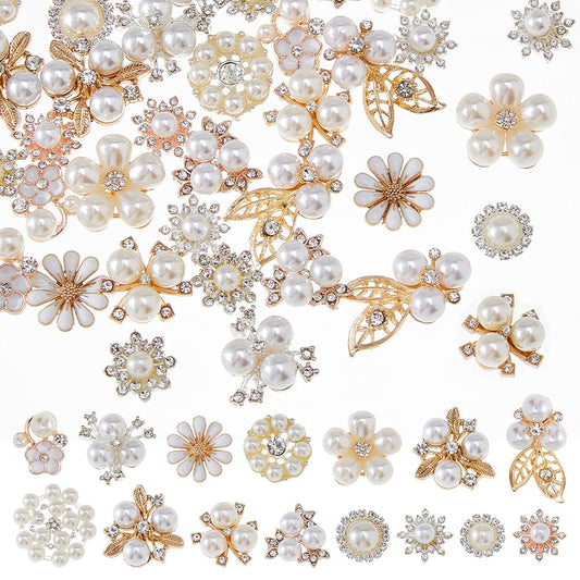 SUPERFINDINGS 60Pcs 15 Styles Rhinestone Buttons White Faux Pearl Buttons Flower Button Embellishments Craft Flat Back Rhinestone Embellishments for Sewing DIY Wedding Clothes Bags Shoes Decorations